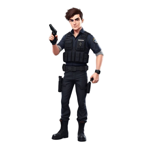 realistic hd 3d to 2d sprite: full-body urban police officer, white skin, dark brown hair, bulletproof vest, dark pants, dark boots, pointing gun.