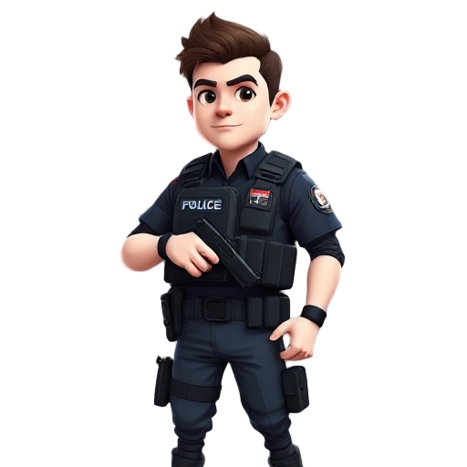 pre-rendered 3d to 2d hd realistic sprite. full-body character, including legs. urban police officer wearing a bulletproof vest, white skin, dark brown hair, detailed textures and realistic lighting.