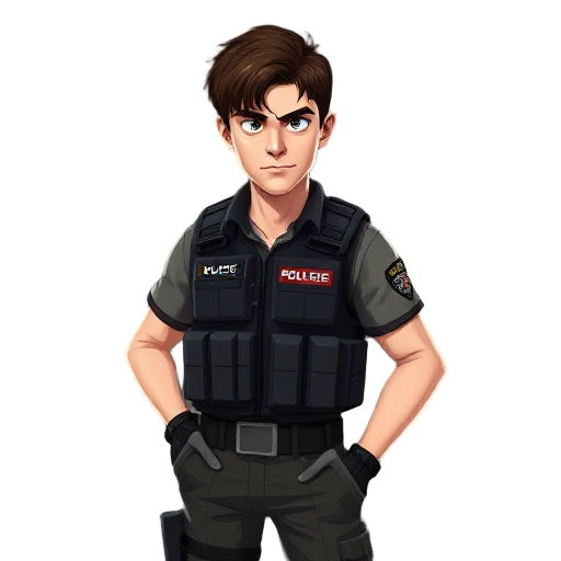 pre-rendered 3d to 2d sprite in resident evil 1 psx style. character: urban police officer wearing a bulletproof vest. white skin, dark brown hair, realistic textures and lighting.