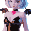anime succubus girl with short silver hair, black horns, glossy latex bodysuit with heart opening, small demon wings, sexy, full body, choker with red gem, seductive pose, soft glow, high-detail fantasy style
