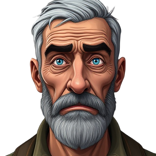 cinematic full-body portrait of a man in his late fifties, a weary post-apocalyptic survivor. his face is a roadmap of wrinkles etched by hardship, with deep-set, sad blue eyes that hold a sharp, analytical glint. he has short, practical graying hair and 