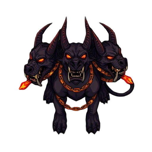 a three-headed hellhound cerberus enemy for an indie roguelike game, in the art style of slay the spire. stylized fantasy illustration, dark background, glowing fiery chain wrapped around its necks. cartoon-ish yet menacing look, exaggerated proportions, 