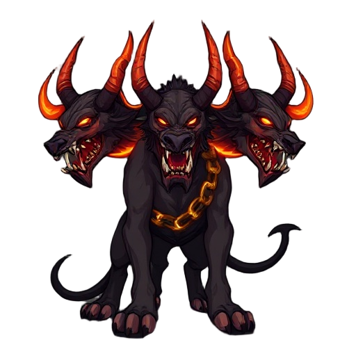 a three-headed hellhound cerberus enemy for an indie roguelike game, in the art style of slay the spire. stylized fantasy illustration, dark background, glowing fiery chain wrapped around its necks. cartoon-ish yet menacing look, exaggerated proportions, 
