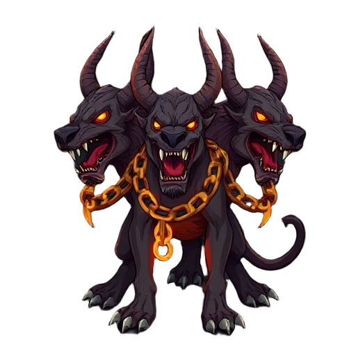 a three-headed hellhound cerberus enemy for an indie roguelike game, in the art style of slay the spire. stylized fantasy illustration, dark background, glowing fiery chain wrapped around its necks. cartoon-ish yet menacing look, exaggerated proportions, 