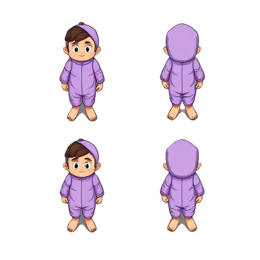 crie uma sequência de sprites top-down inclinada (45°), low-poly 128px, composta por 4 frames completos lado a lado, poses diferentes a cada frame, exibindo a personagem em várias direções (nordeste, sudeste, noroeste, sudoeste). a personagem usa um pijam