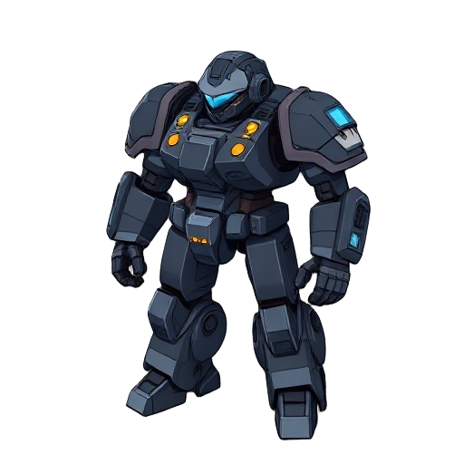 cyber police sci-fi bulky robot. anime style. full body, isometric