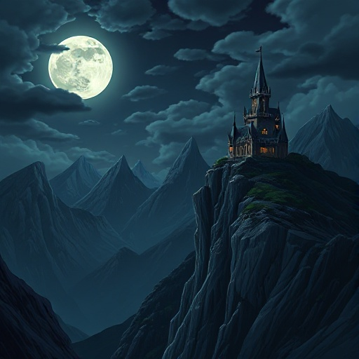 scary mountain range at night, with a gothic castle in the edge of a cliff. full moon and dark clouds