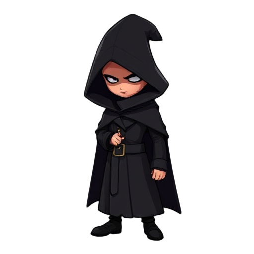 o personagem da imagem é um mago enigmático envolto em uma túnica negra com um capuz profundo que esconde completamente seu rosto. no lugar de feições humanas, há apenas uma sombra escura e vazia, como se a luz fosse engolida por sua presença. sua postura