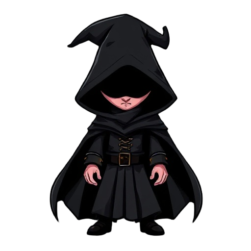 o personagem da imagem é um mago enigmático envolto em uma túnica negra com um capuz profundo que no lugar do rosto so existe uma sombra negra