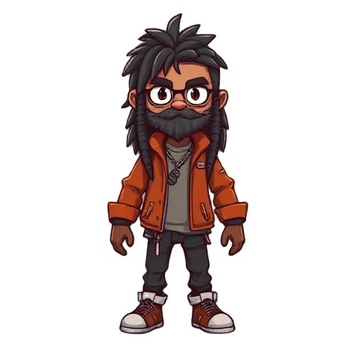 faça um personagem pardo que usa dreads, com uma jaqueta roxa com detalhes em branco, em um estilo despojado