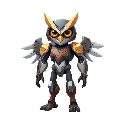 humanoid owl themed robot, humanoid porportions, metal wings