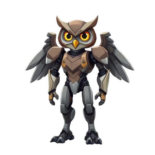 humanoid owl robot, humanoid porportions, metal wings