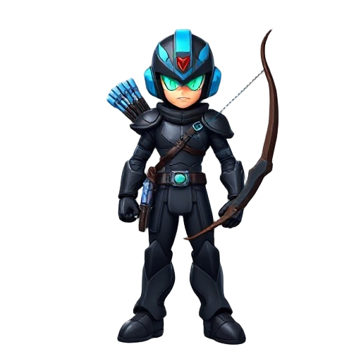 megaman battle network themed archer, black leather armor, digital bow