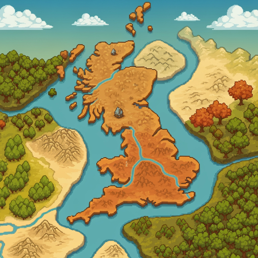 pixel medieval map of england, just landscape no objects, warm desaturated color palette