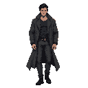 tough muscular male in his thirties with an open long trench coat walking black hair sort of like blade runner rick deckard