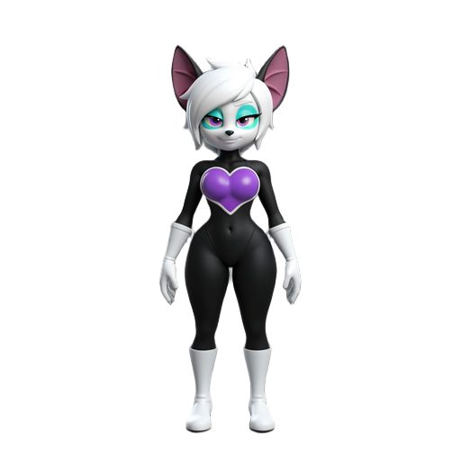 rouge the bat, anthropomorphic bat, white hair, cyan eye shadow, black bodysuit, white gloves, white boots, purple heart shaped chest plate, generous curves