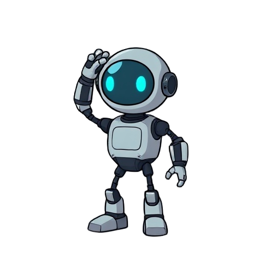 circle head robot no arms 2 legs and 1 hand on his head 