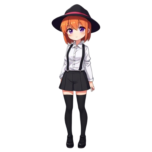 stylish anime girl with bright orange hair and vivid purple eyes. she wears a white dress shirt, black suspenders, a short pleated skirt, thigh-high stockings, and a wide-brimmed black hat. confident pose, soft lighting, detailed shading, modern anime aes