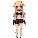 1girl, full body, long blonde hair, red eyes, tanned, fluffy ears, wearing tight black bikini, black choker with pendant, latex mini skirt , black gloves