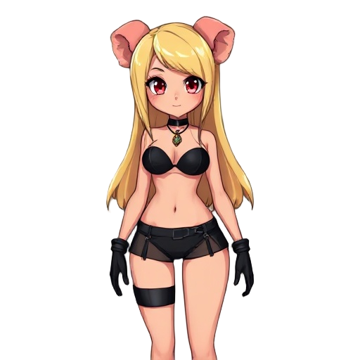 1girl, full body, long blonde hair, red eyes, tanned, fluffy ears, wearing tight black bikini, black choker with pendant, latex mini skirt , black gloves