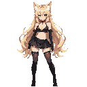 1girl, full body, long blonde hair, red eyes, tanned, fluffy ears, wearing tight black bikini, black choker with pendant, latex mini skirt , black gloves