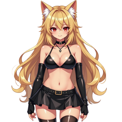 1girl, full body, long blonde hair, red eyes, tanned, fluffy ears, wearing tight black bikini, black choker with pendant, latex mini skirt , black gloves