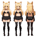 1girl, full body, long blonde hair, red eyes, tanned, fluffy ears, wearing tight black bikini, black choker with pendant, latex mini skirt , black gloves