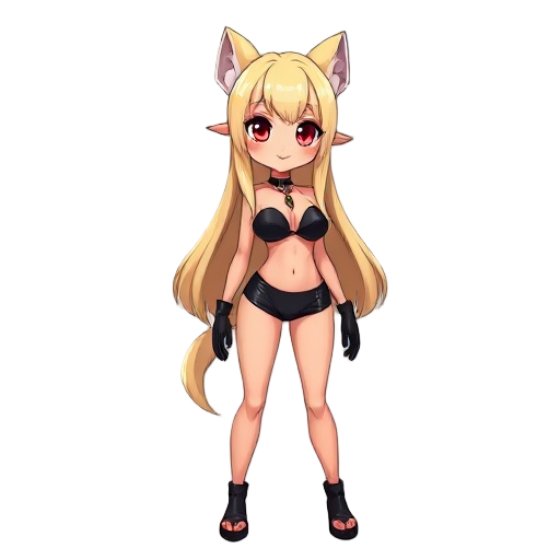 1girl, full body, long blonde hair, red eyes, tanned, fluffy ears, wearing tight black bikini, black choker with pendant, latex mini skirt , black gloves
