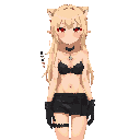 1girl, full body, long blonde hair, red eyes, tanned, fluffy ears, wearing tight black bikini, black choker with pendant, latex mini skirt , black gloves