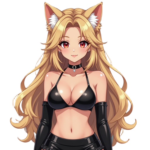 1girl, long blonde hair, red eyes, tanned, fluffy ears,  wearing tight black bikini, black choker, latex mini skirt