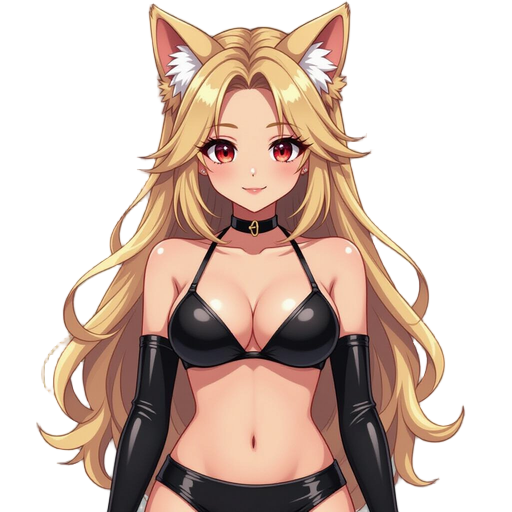 1girl, long blonde hair, red eyes, tanned, fluffy ears,  wearing tight black bikini, black choker, latex mini skirt
