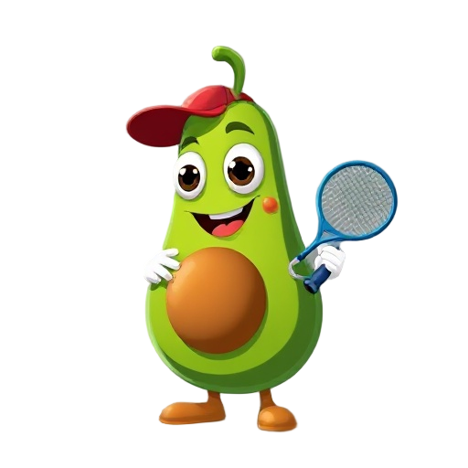an avocado character for a platformer. idle pose, facing right. big eyes, smile, belly seed. red cap, white gloves, holding blue padel racket. no background, no floor, no shadows. only the character