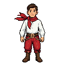 oung gaucho boy, no poncho. wearing red bombacha pants, red lenço (scarf), white shirt, guaiaca belt. red outfit fluttering