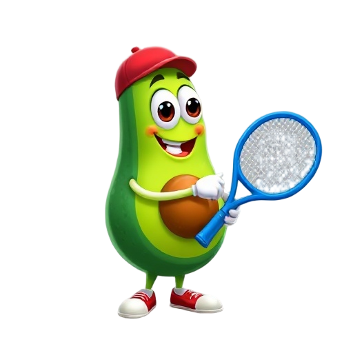 an avocado character for a platformer. idle pose, facing right. big eyes, smile, belly seed. red cap, white gloves, holding blue padel racket. no background, no floor, no shadows. only the character
