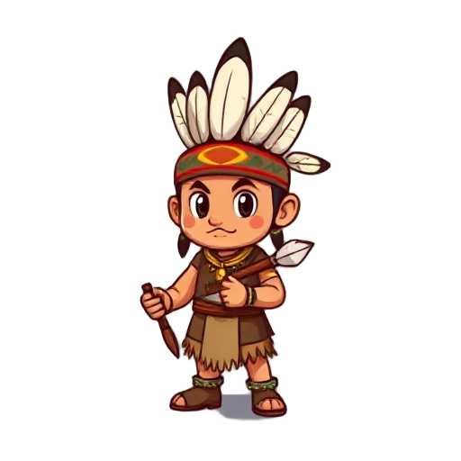 2d side-scroller character sprite of a south american indigenous warrior, small chibi proportions like super mario style.  round head, expressive eyes, short legs, simple shapes.  wearing traditional indigenous clothing with feathers on the head, natural 