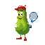 an avocado character for a platformer. idle pose, facing right. big eyes, smile, belly seed. red cap, white gloves, holding blue padel racket. no background, no floor, no shadows. only the character