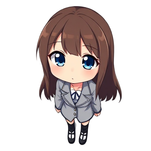 anime-style schoolgirl with long, waist-length brown hair, large, expressive blue eyes, and bangs partially covering her forehead. wears a japanese school uniform consisting of a blazer.