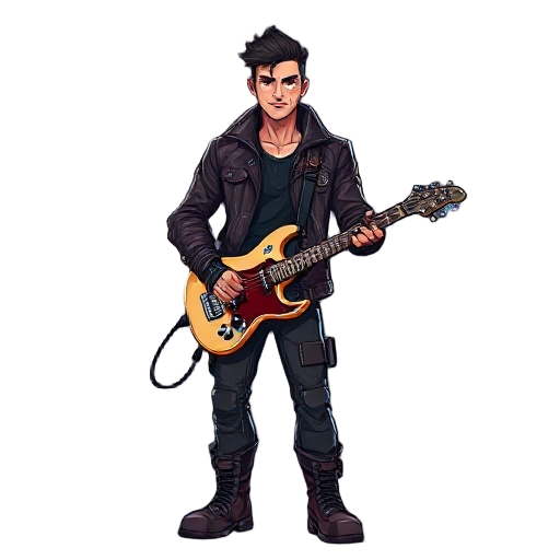 male underground guitarist–bounty hunter in a neon-lit dystopian city. lean athletic build, sharp jawline, confident posture. wears a rugged leather jacket with occult symbols subtly engraved, reinforced combat boots, fingerless gloves. carries a custom e
