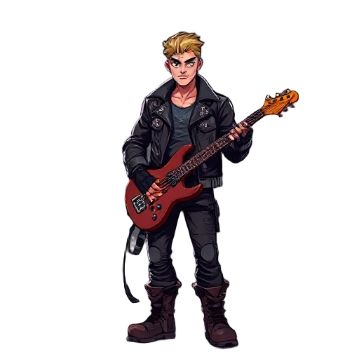 male underground guitarist–bounty hunter in a neon-lit dystopian city. lean athletic build, sharp jawline, confident posture. wears a rugged leather jacket with occult symbols subtly engraved, reinforced combat boots, fingerless gloves. carries a custom e