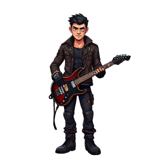 male underground guitarist–bounty hunter in a neon-lit dystopian city. lean athletic build, sharp jawline, confident posture. wears a rugged leather jacket with occult symbols subtly engraved, reinforced combat boots, fingerless gloves. carries a custom e