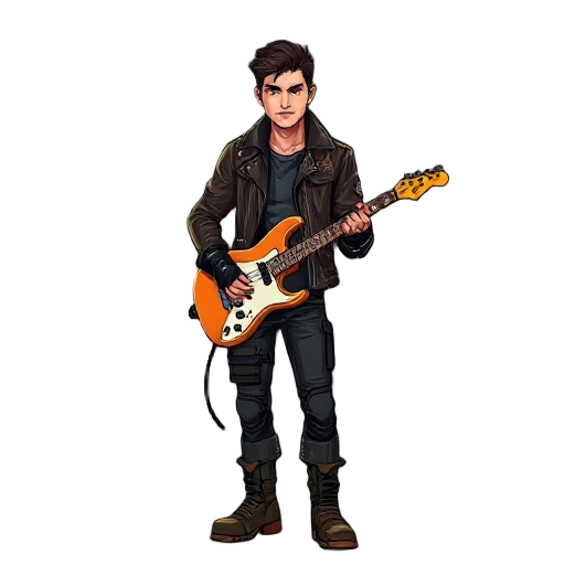 male underground guitarist–bounty hunter in a neon-lit dystopian city. lean athletic build, sharp jawline, confident posture. wears a rugged leather jacket with occult symbols subtly engraved, reinforced combat boots, fingerless gloves. carries a custom e