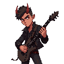 male guitarist–bounty hunter with subtle demonic traits. lean, athletic build; confident and intense posture. sharp jawline, crimson or glowing eyes, small horn fragments breaking through the hairline, faint cracks of ember light under the skin. leather j