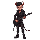 male guitarist–bounty hunter with subtle demonic traits. lean, athletic build; confident and intense posture. sharp jawline, crimson or glowing eyes, small horn fragments breaking through the hairline, faint cracks of ember light under the skin. leather j