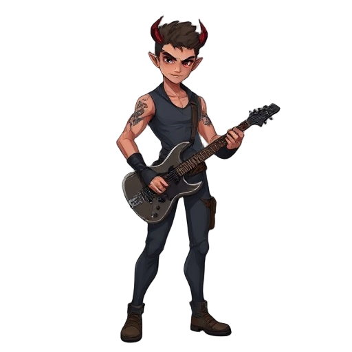 male guitarist–bounty hunter with subtle demonic traits. lean, athletic build; confident and intense posture. sharp jawline, crimson or glowing eyes, small horn fragments breaking through the hairline, faint cracks of ember light under the skin