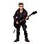 male underground guitarist–bounty hunter in a neon-lit dystopian city. lean athletic build, sharp jawline, confident posture. wears a rugged leather jacket with occult symbols subtly engraved, reinforced combat boots, fingerless gloves. carries a custom e