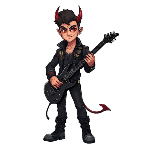 male guitarist–bounty hunter with subtle demonic traits. lean, athletic build; confident and intense posture. sharp jawline, crimson or glowing eyes, small horn fragments breaking through the hairline, faint cracks of ember light under the skin. leather j