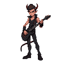 male guitarist–bounty hunter with subtle demonic traits. lean, athletic build; confident and intense posture. sharp jawline, crimson or glowing eyes, small horn fragments breaking through the hairline, faint cracks of ember light under the skin