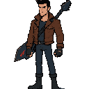 male underground guitarist–bounty hunter in a neon-lit dystopian city. lean athletic build, sharp jawline, confident posture. wears a rugged leather jacket with occult symbols subtly engraved, fingerless gloves. a custom electric guitar doubling as a mele