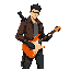 male underground guitarist–bounty hunter in a neon-lit dystopian city. lean athletic build, sharp jawline, confident posture. wears a rugged leather jacket with occult symbols subtly engraved, fingerless gloves. a custom electric guitar doubling as a mele