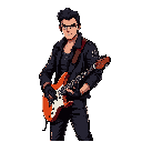 male underground guitarist–bounty hunter in a neon-lit dystopian city. lean athletic build, sharp jawline, confident posture. wears a rugged leather jacket with occult symbols subtly engraved, fingerless gloves. carries a custom electric guitar doubling a